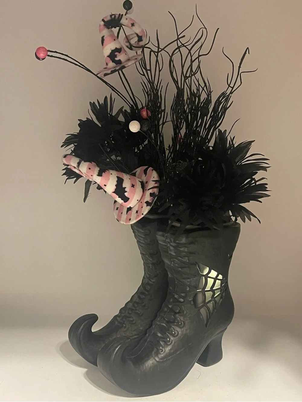 Gothic Halloween Centerpiece Witch Boots Plastic Vase w/Pink Hats & Faux Florals